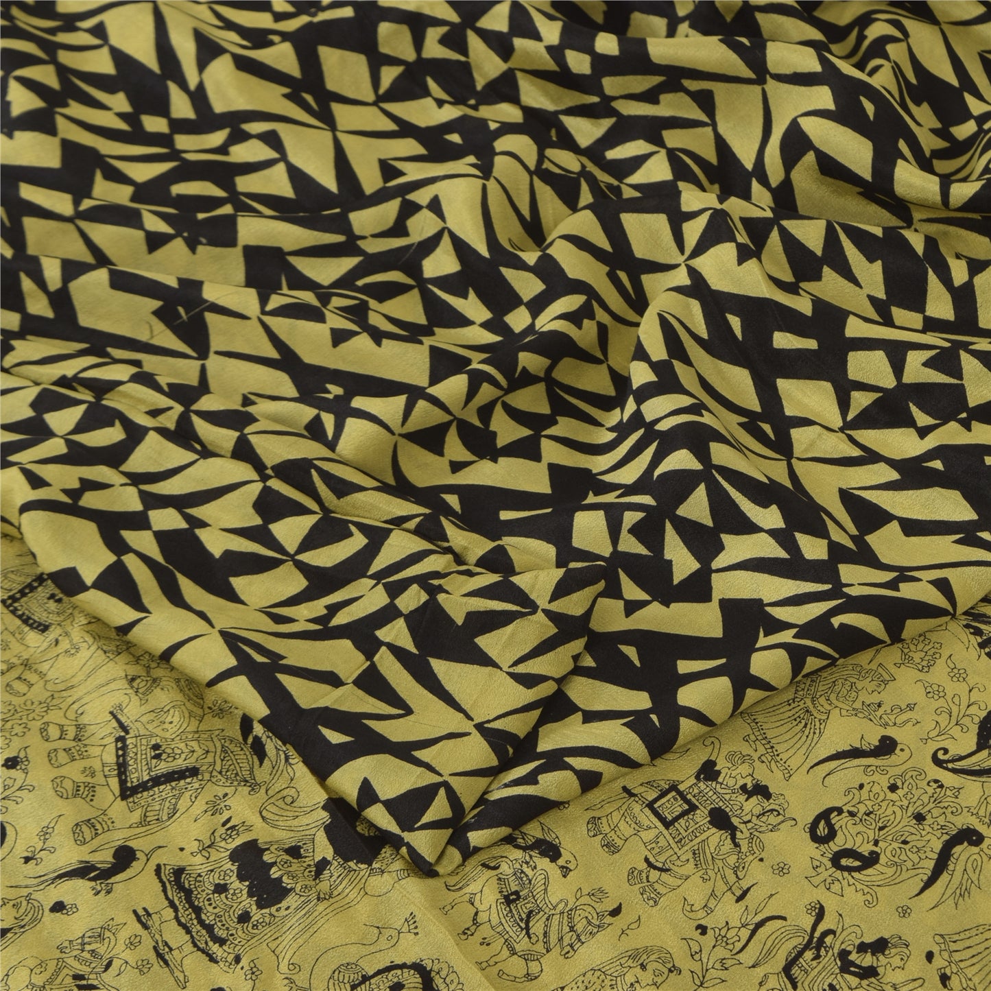 Sanskriti Vintage Sarees Lemon/Black Pure Silk Printed Sari 6+yd Craft Fabric