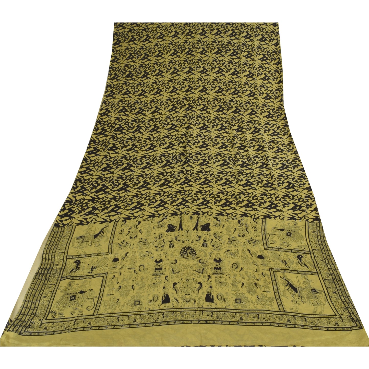 Sanskriti Vintage Sarees Lemon/Black Pure Silk Printed Sari 6+yd Craft Fabric