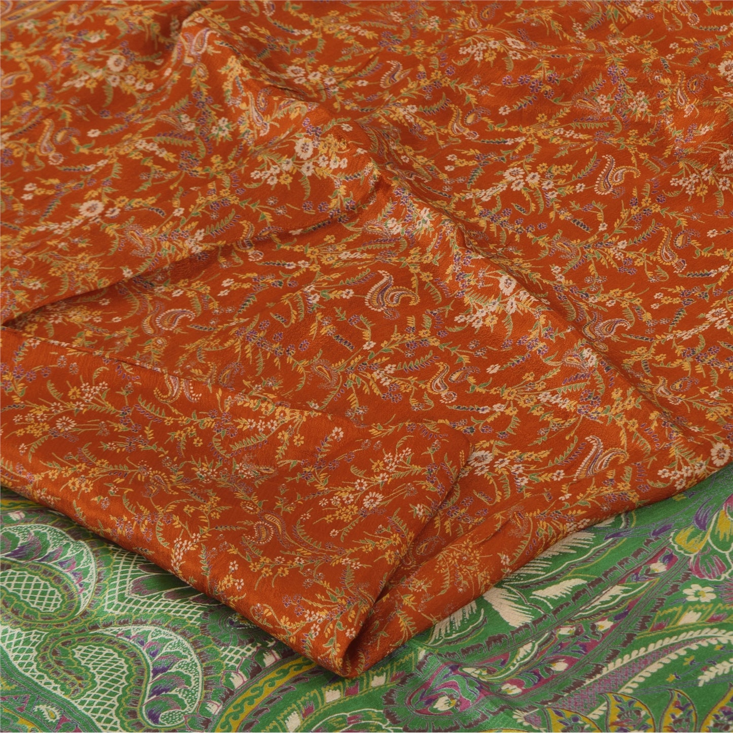 Sanskriti Vintage Sarees Orange Indian Pure Silk Printed Sari 5+yd Craft Fabric