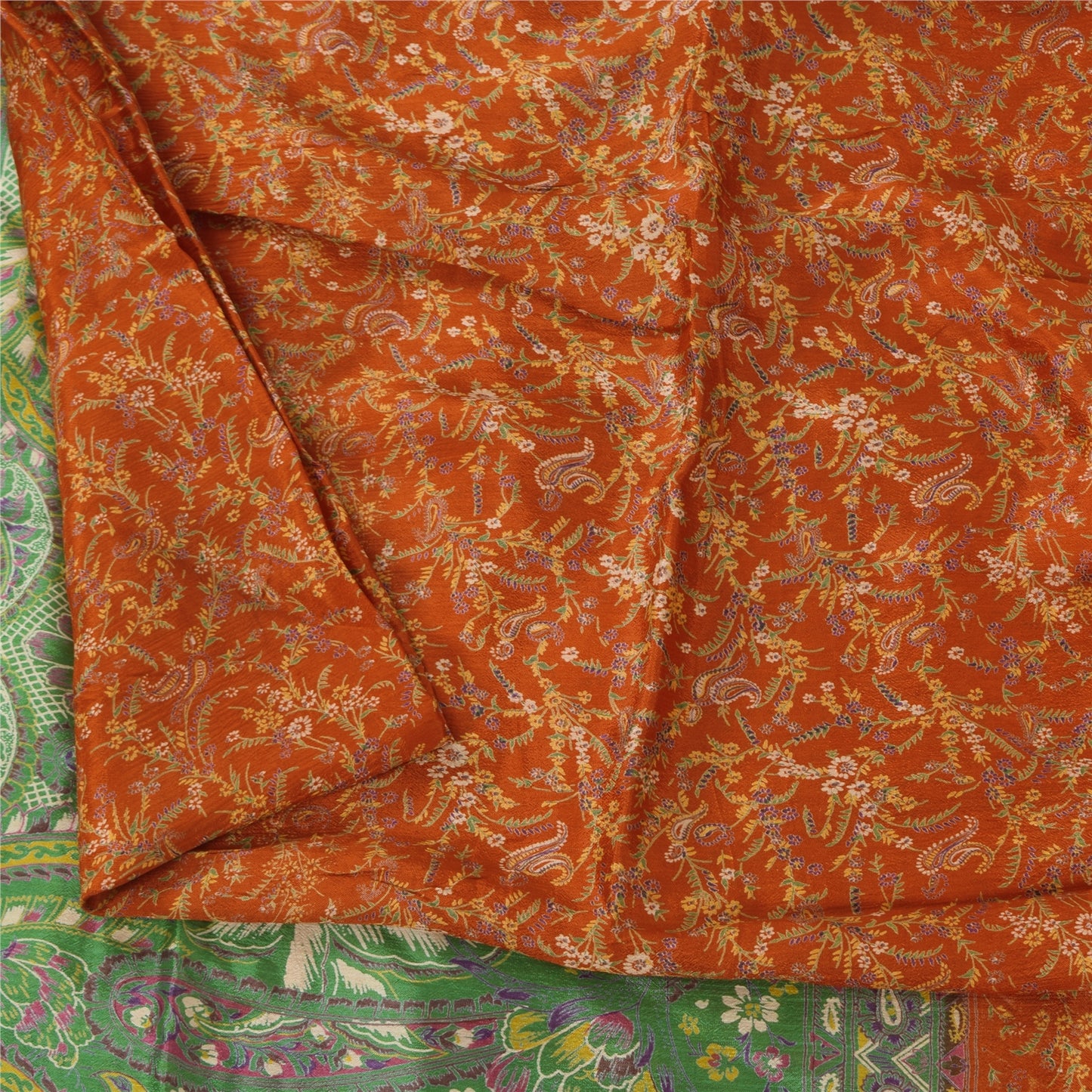 Sanskriti Vintage Sarees Orange Indian Pure Silk Printed Sari 5+yd Craft Fabric