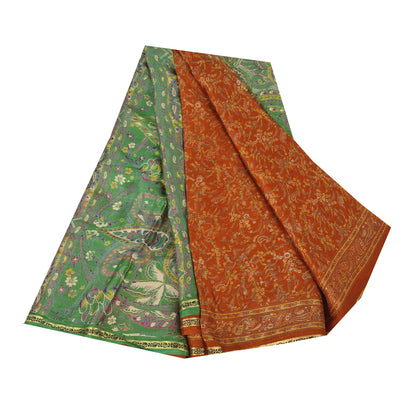 Sanskriti Vintage Sarees Orange Indian Pure Silk Printed Sari 5+yd Craft Fabric