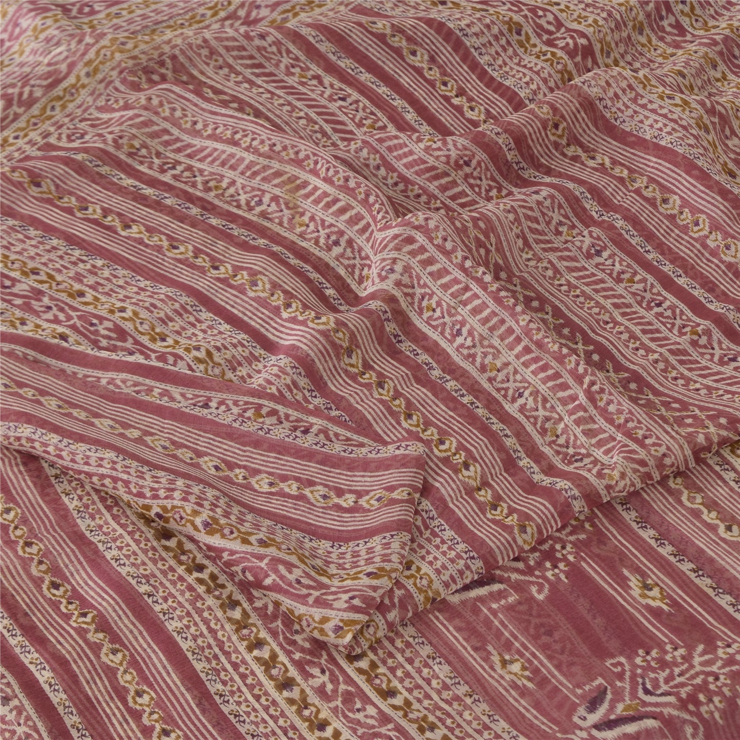 Sanskriti Vintage Sarees Pink Pure Chiffon Silk Printed Sari 6+yd Craft Fabric