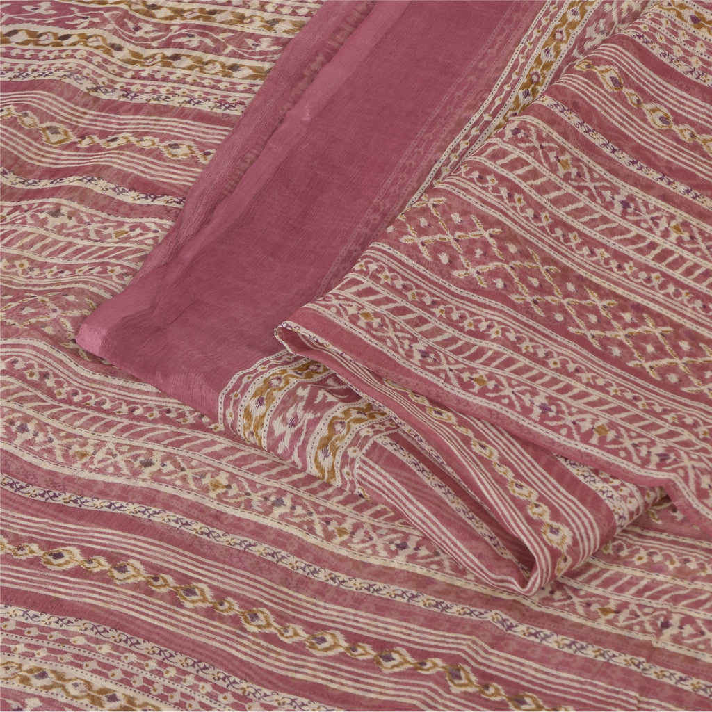 Sanskriti Vintage Sarees Pink Pure Chiffon Silk Printed Sari 6+yd Craft Fabric