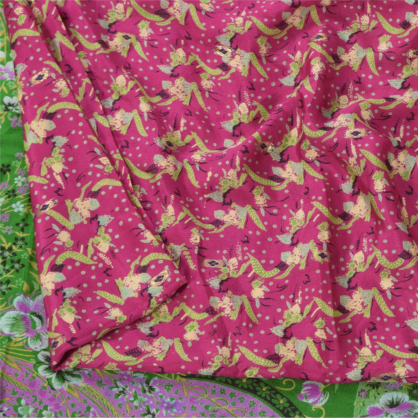 Sanskriti Vintage Sarees Pink/Green Pure Silk Printed Woven Sari 5+yd Fabric