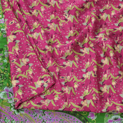 Sanskriti Vintage Sarees Pink/Green Pure Silk Printed Woven Sari 5+yd Fabric