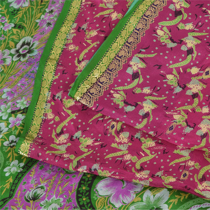 Sanskriti Vintage Sarees Pink/Green Pure Silk Printed Woven Sari 5+yd Fabric