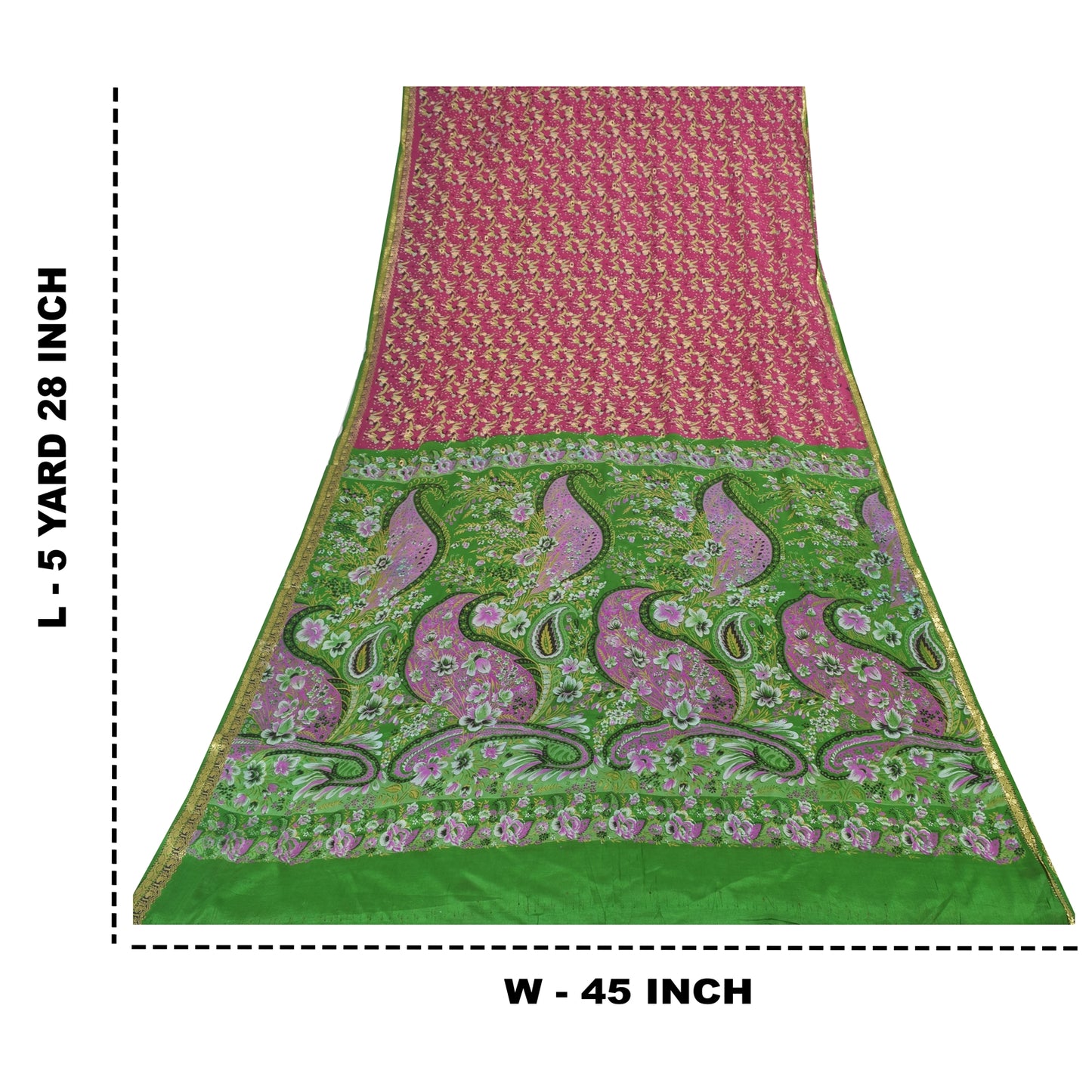 Sanskriti Vintage Sarees Pink/Green Pure Silk Printed Woven Sari 5+yd Fabric