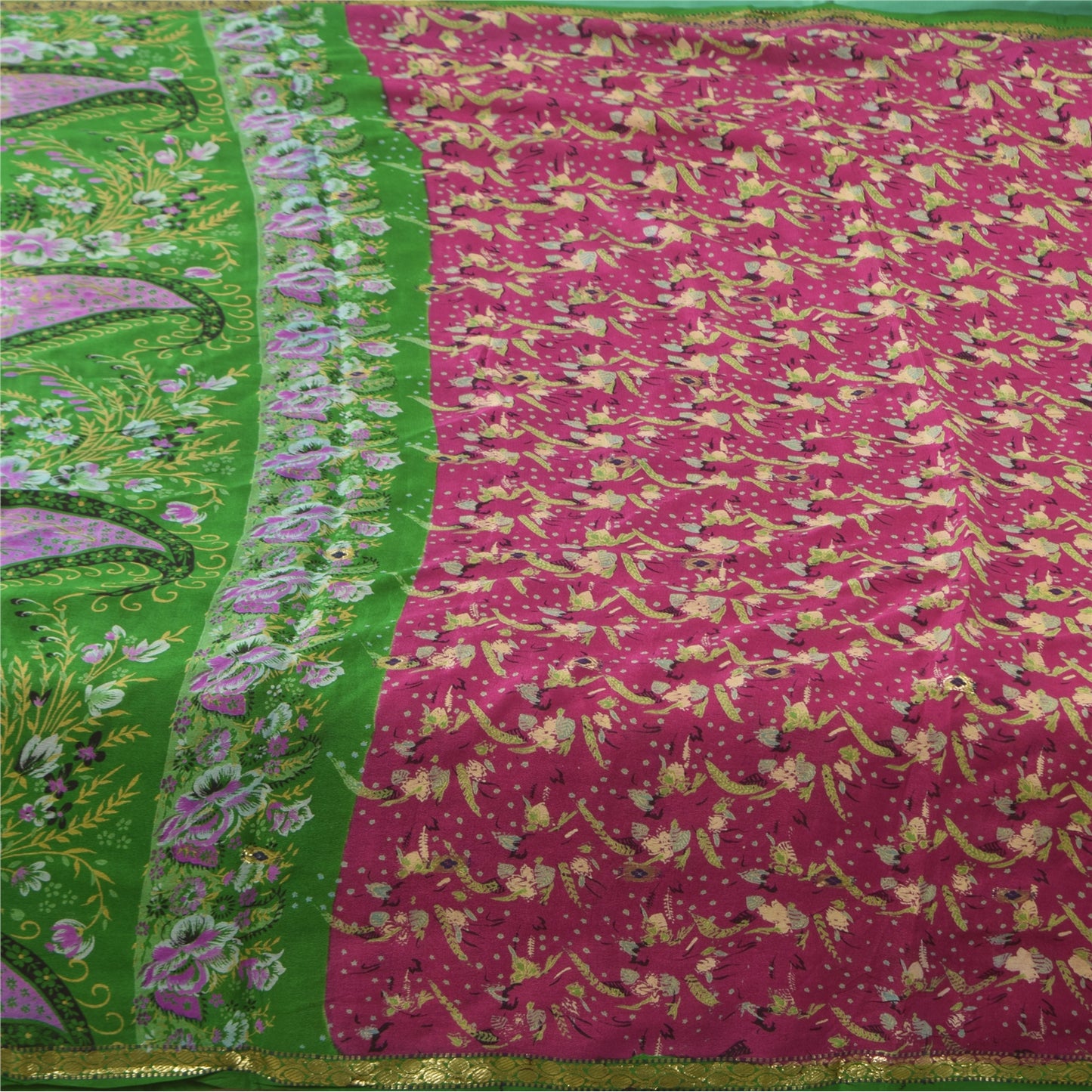 Sanskriti Vintage Sarees Pink/Green Pure Silk Printed Woven Sari 5+yd Fabric