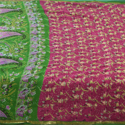 Sanskriti Vintage Sarees Pink/Green Pure Silk Printed Woven Sari 5+yd Fabric