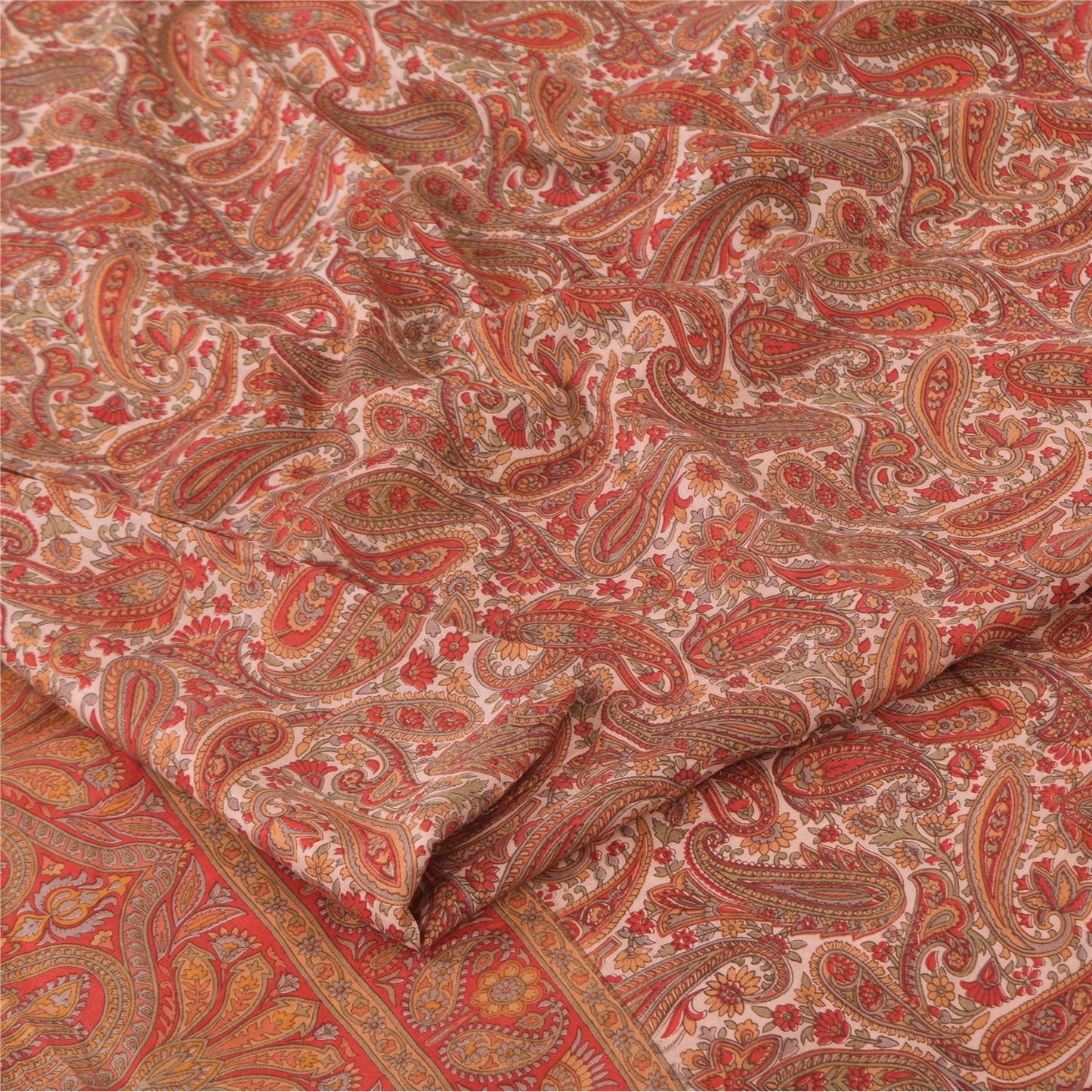 Sanskriti Vintage Sarees Cream/Red 100% Pure Silk Printed Sari 5+yd Craft Fabric