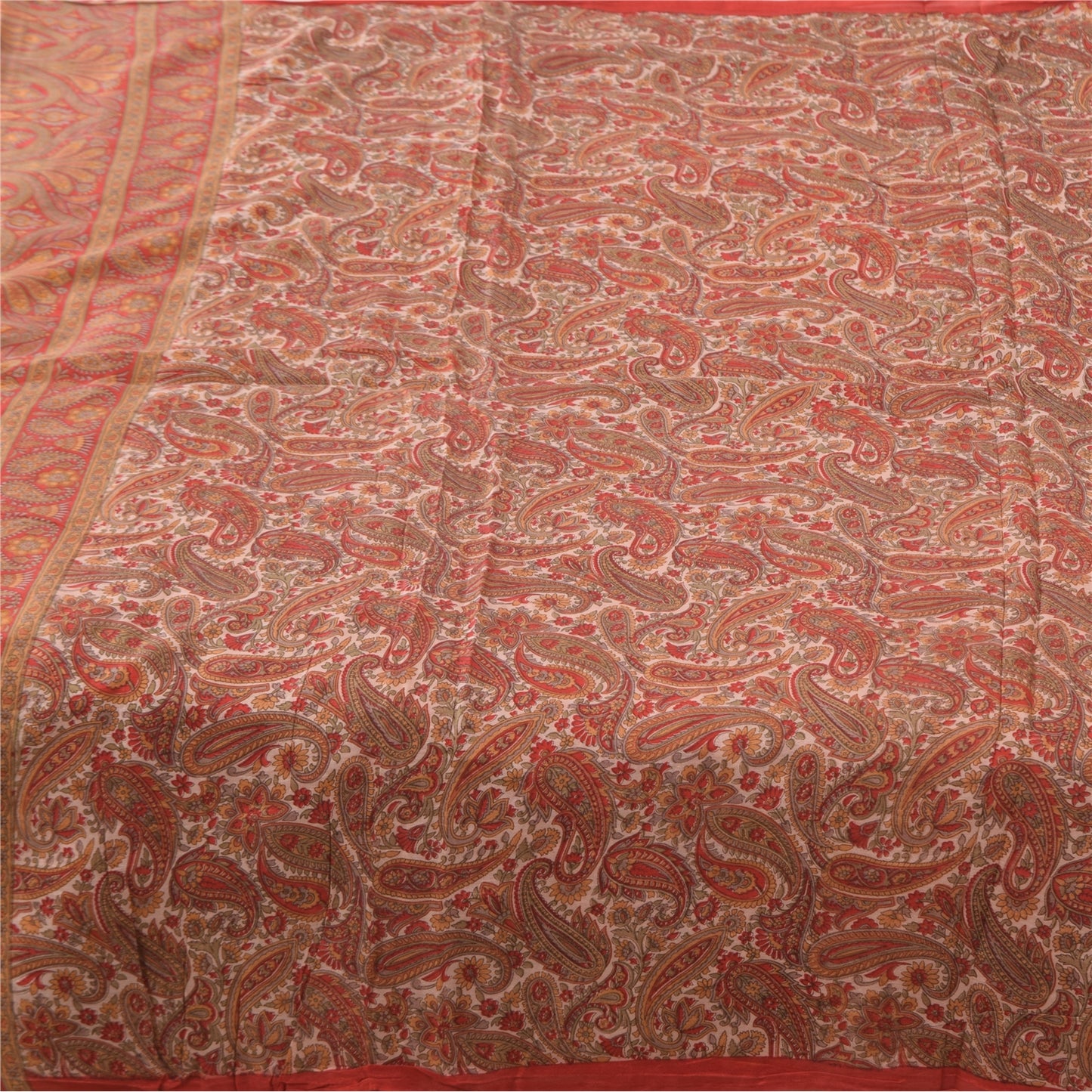 Sanskriti Vintage Sarees Cream/Red 100% Pure Silk Printed Sari 5+yd Craft Fabric