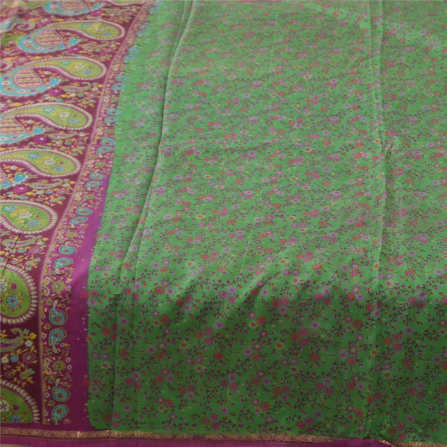 Sanskriti Vintage Sarees Green Peacock Printed Pure Silk Sari 5+yd Craft Fabric