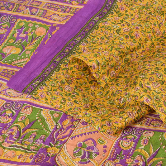 Sanskriti Vintage Sarees Yellow 100% Pure Silk Printed Sari 5+yd Craft Fabric