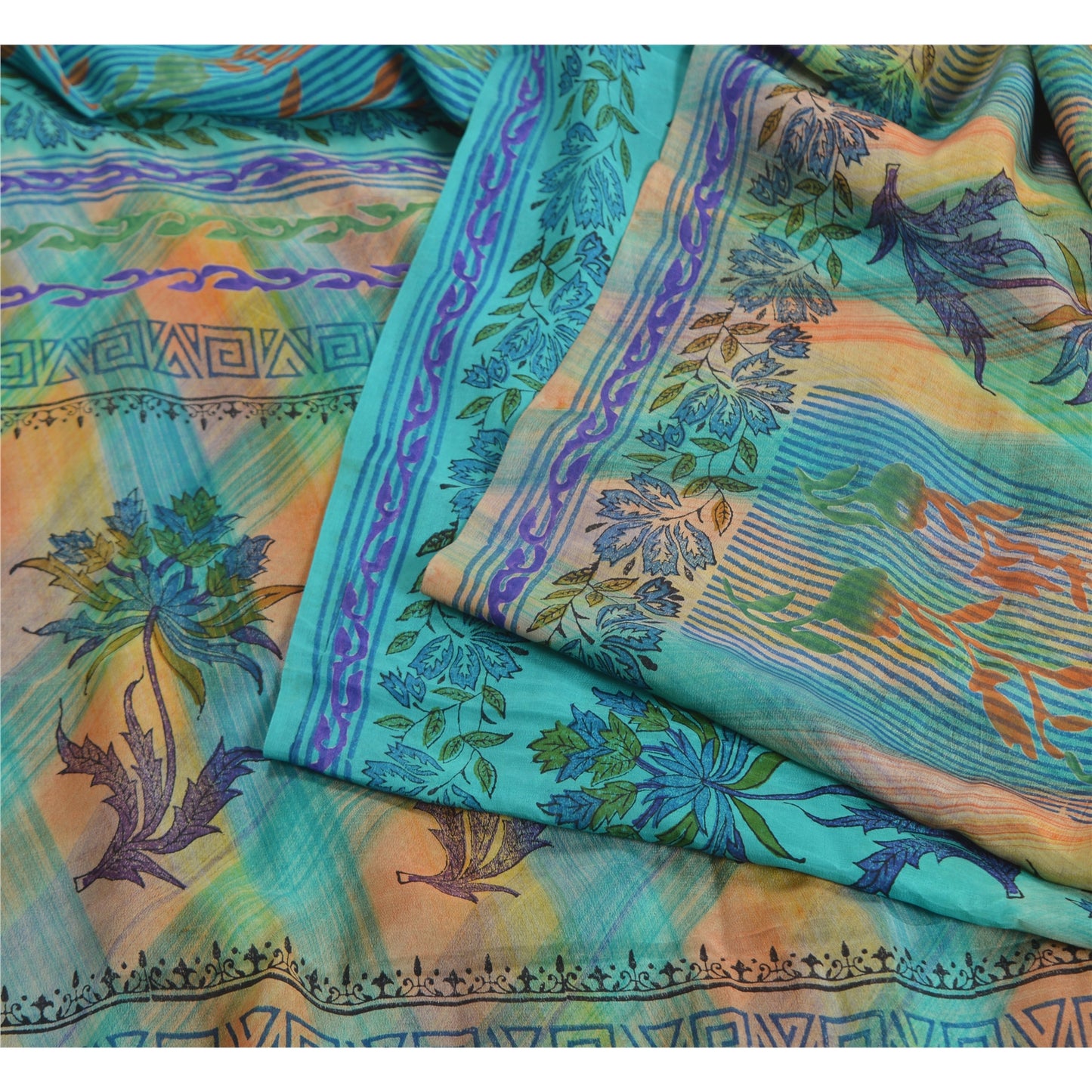 Sanskriti Vintage Sarees Blue 100% Pure Crepe Silk Printed Sari Craft Fabric