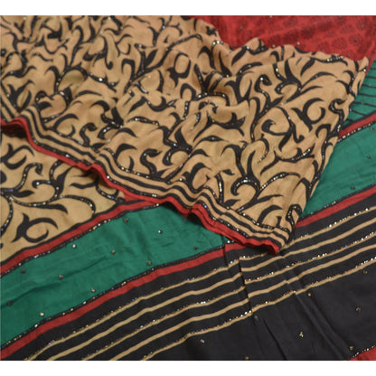 Sanskriti Vintage Sarees Hand Beaded Pure Crepe Silk Printed Sari Craft Fabric