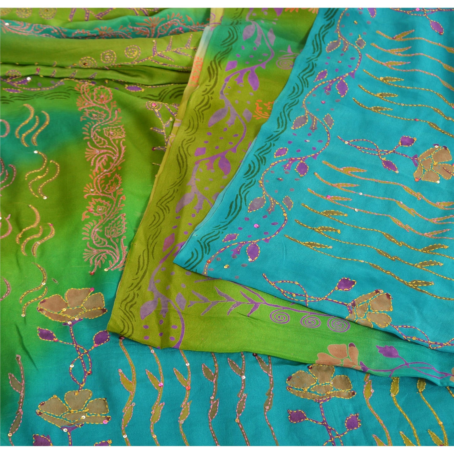 Sanskriti Vintage Green/Blue Sarees Pure Crepe Print Handmade Kantha Sari Fabric