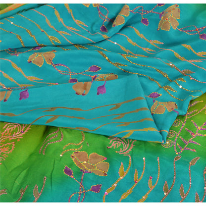 Sanskriti Vintage Green/Blue Sarees Pure Crepe Print Handmade Kantha Sari Fabric