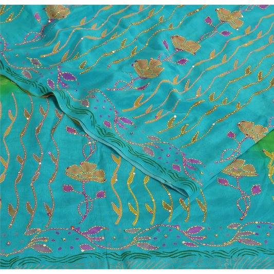 Sanskriti Vintage Green/Blue Sarees Pure Crepe Print Handmade Kantha Sari Fabric