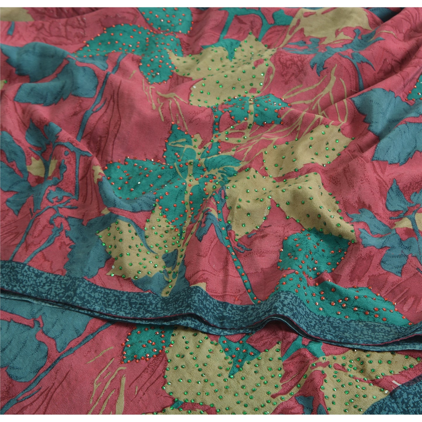 Sanskriti Vintage Pink/Blue Sarees Pure Crepe Silk Printed Sari Craft Fabric