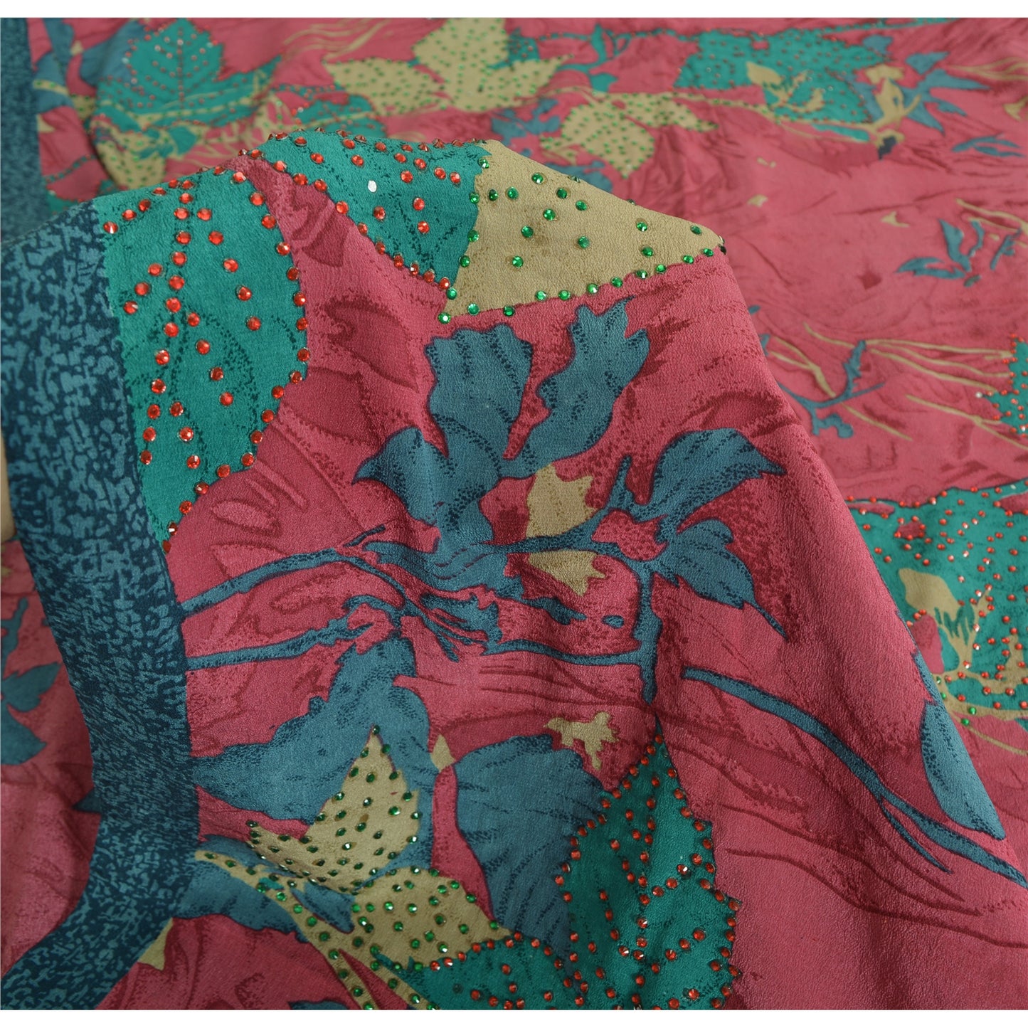 Sanskriti Vintage Pink/Blue Sarees Pure Crepe Silk Printed Sari Craft Fabric