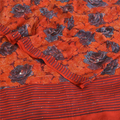 Sanskriti Vintage Red Sarees Pure Crepe Silk Printed Mukeish Work Sari Fabric