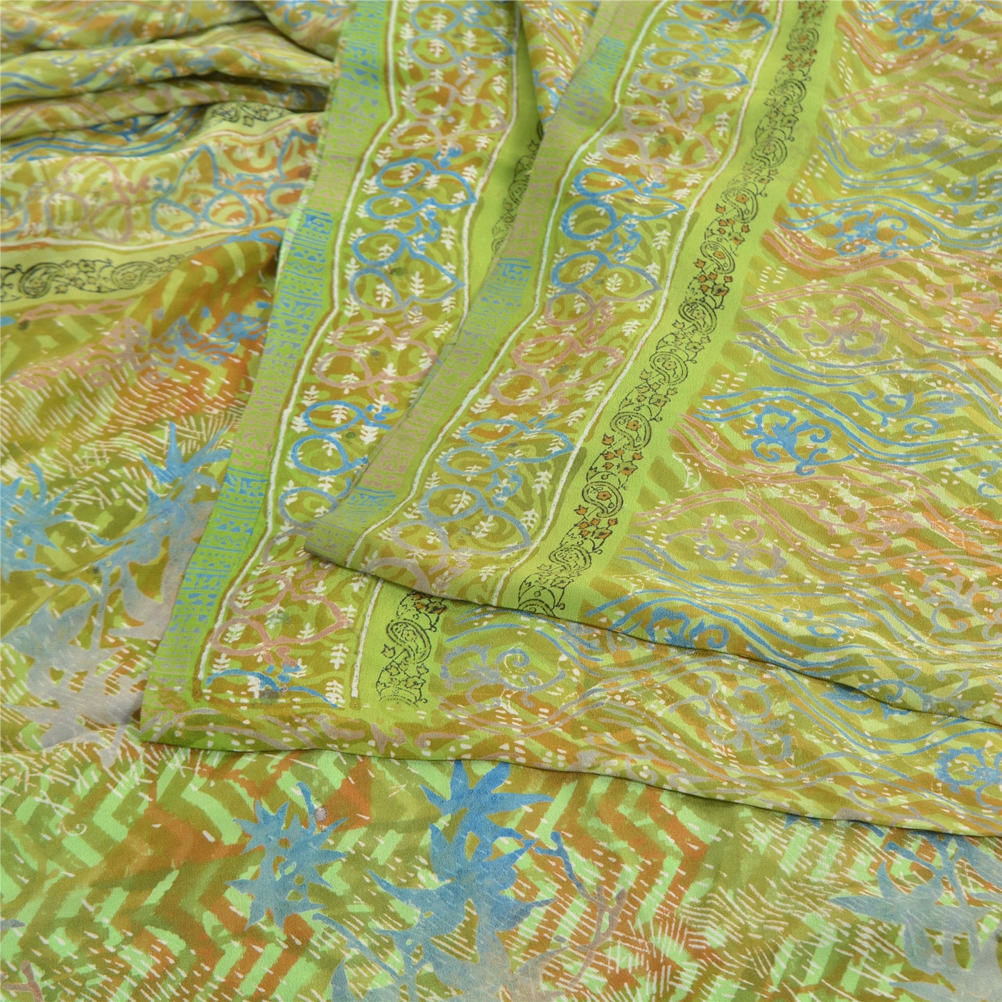 Sanskriti Vintage Green Indian Sarees Pure Crepe Silk Printed Sari Craft Fabric