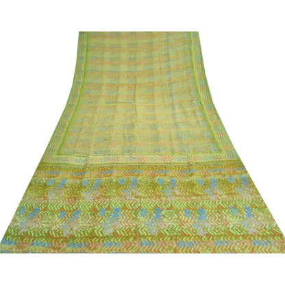 Sanskriti Vintage Green Indian Sarees Pure Crepe Silk Printed Sari Craft Fabric