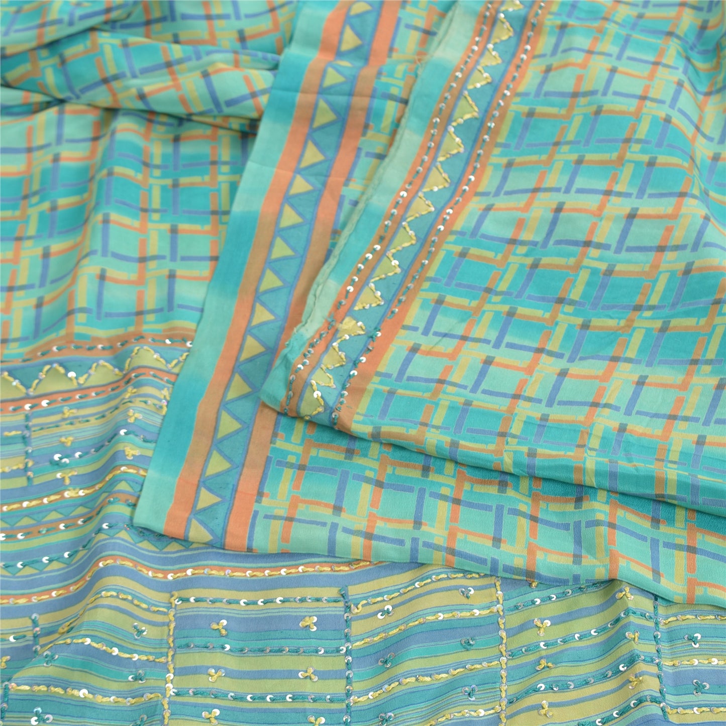 Sanskriti Vintage Sky Blue Sarees 100% Pure Crepe Silk Printed Sari Craft Fabric