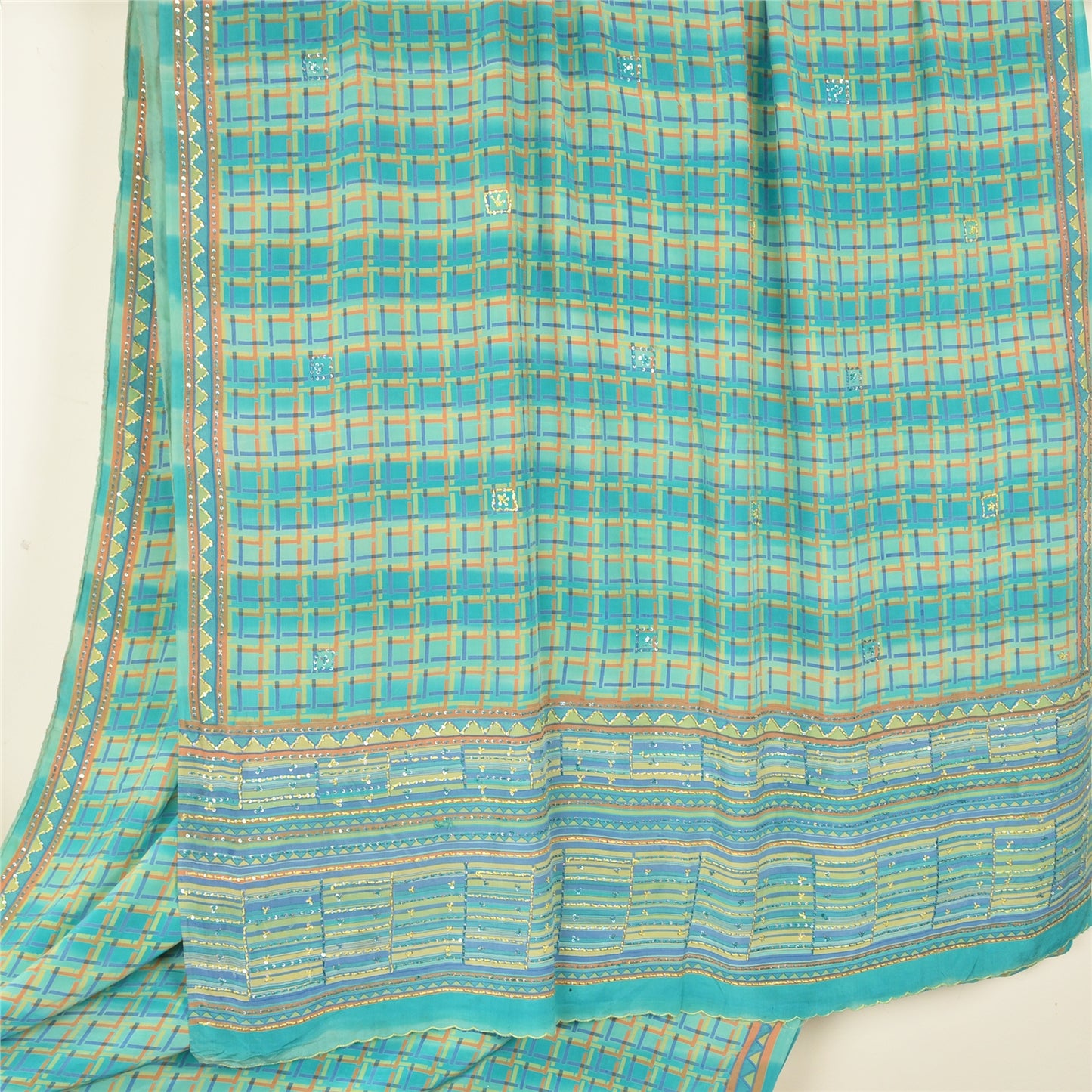 Sanskriti Vintage Sky Blue Sarees 100% Pure Crepe Silk Printed Sari Craft Fabric