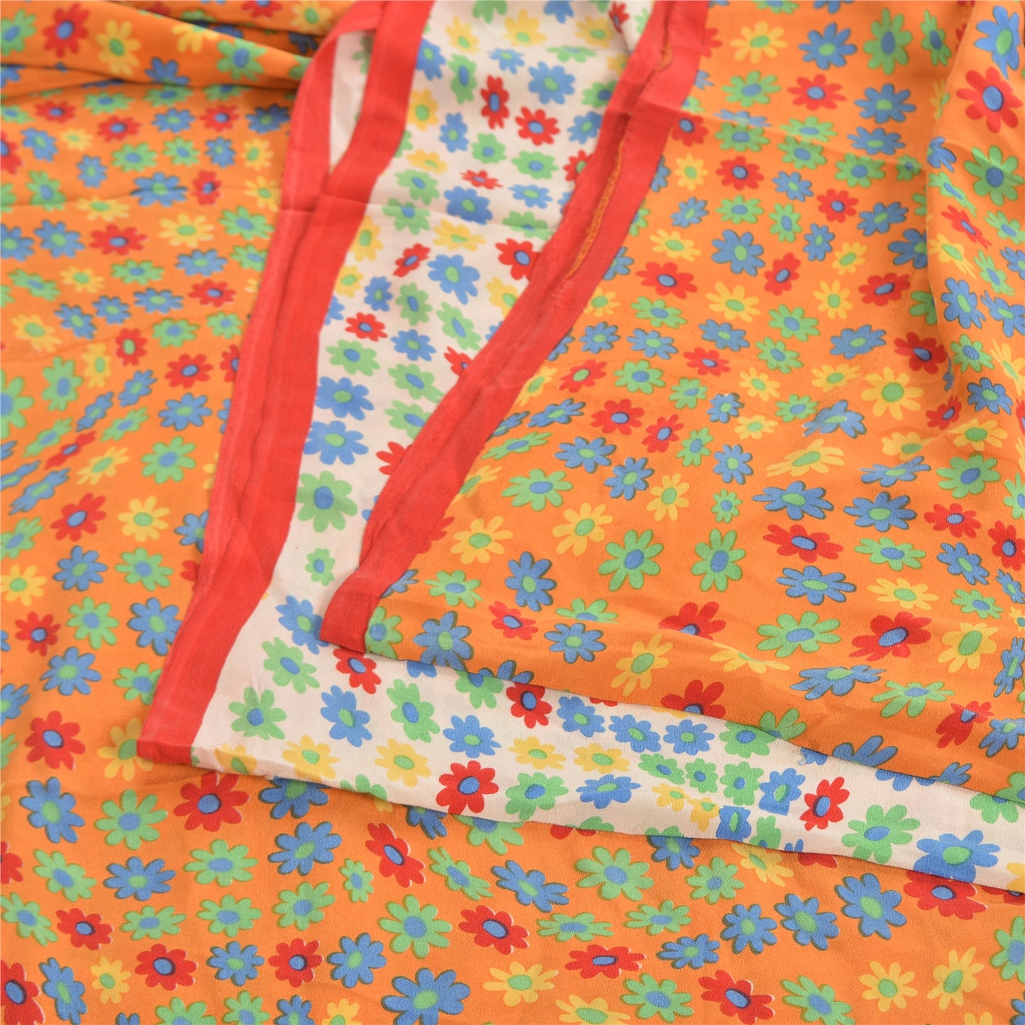 Sanskriti Vintage Orange/White Sarees Pure Crepe Silk Printed Sari Craft Fabric