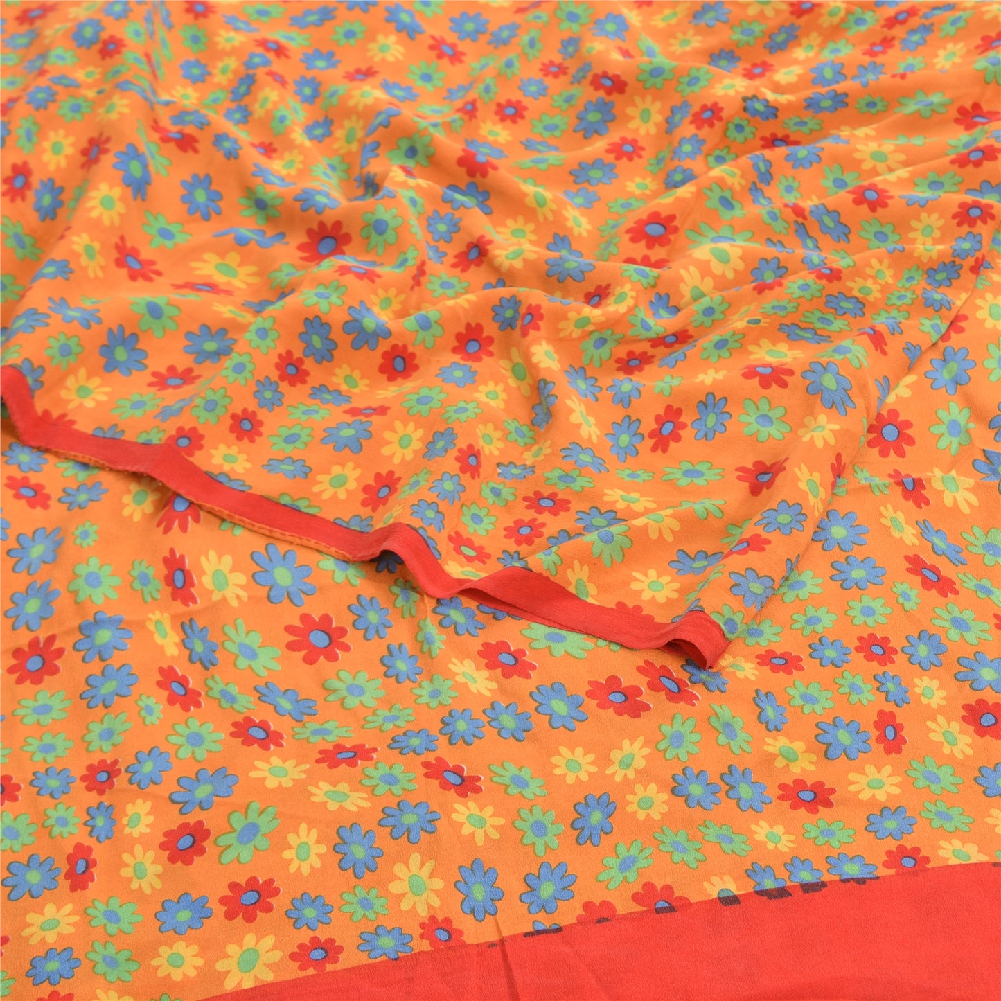 Sanskriti Vintage Orange/White Sarees Pure Crepe Silk Printed Sari Craft Fabric