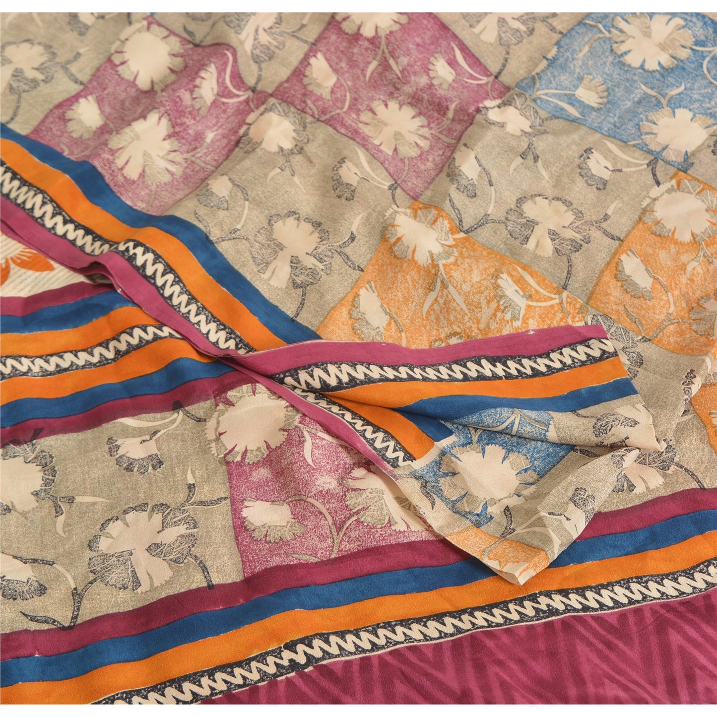 Sanskriti Vintage Sarees Indian Multi Pure Crepe Silk Printed Sari Craft Fabric