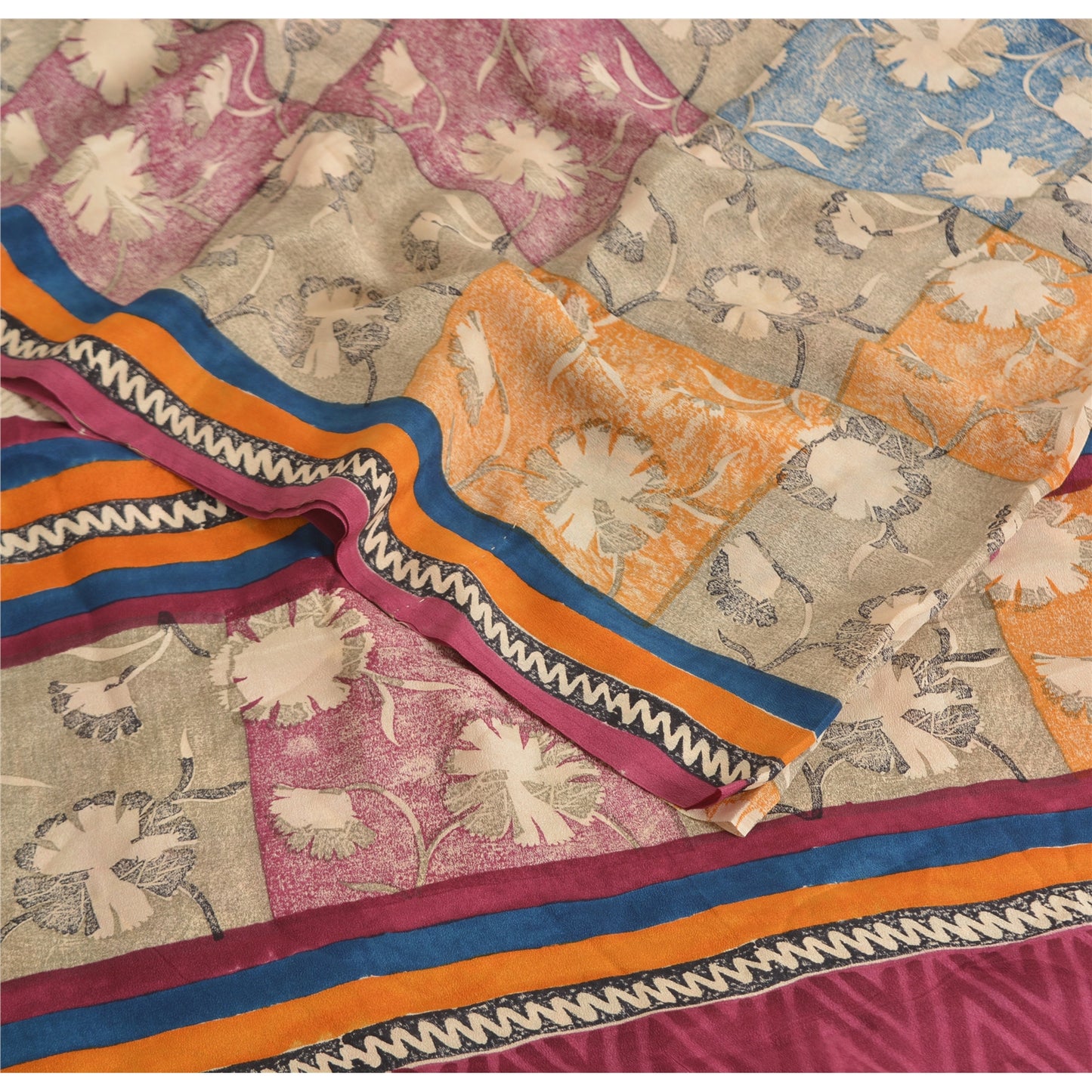 Sanskriti Vintage Sarees Indian Multi Pure Crepe Silk Printed Sari Craft Fabric