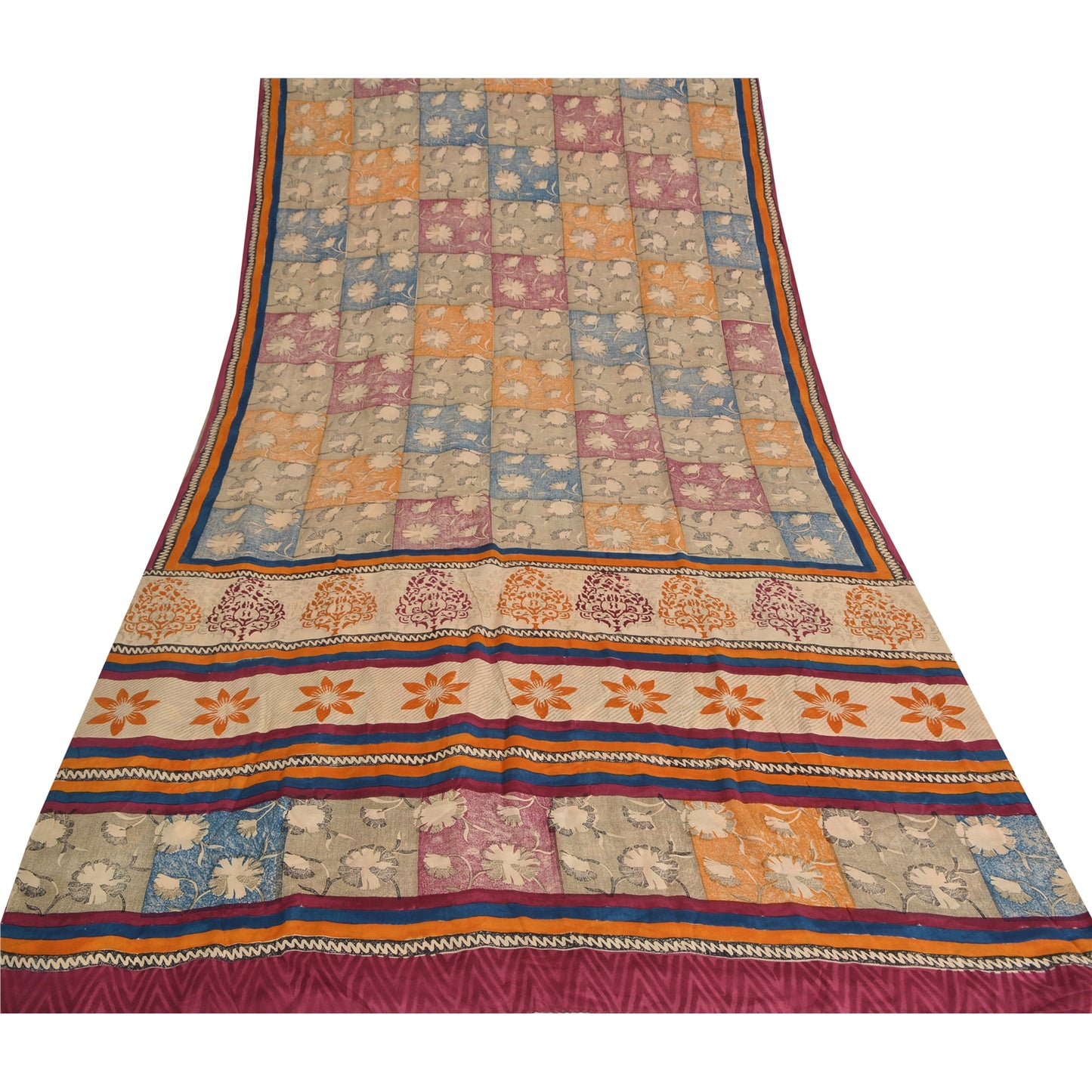 Sanskriti Vintage Sarees Indian Multi Pure Crepe Silk Printed Sari Craft Fabric