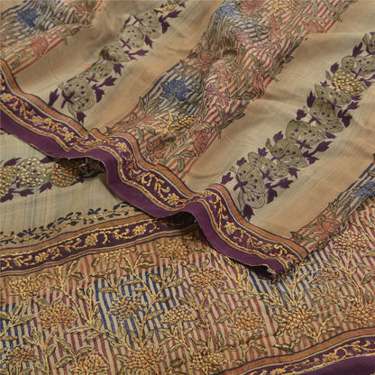 Sanskriti Vintage Sarees Multi Hand Beaded Printed Pure Crepe Sari Craft Fabric