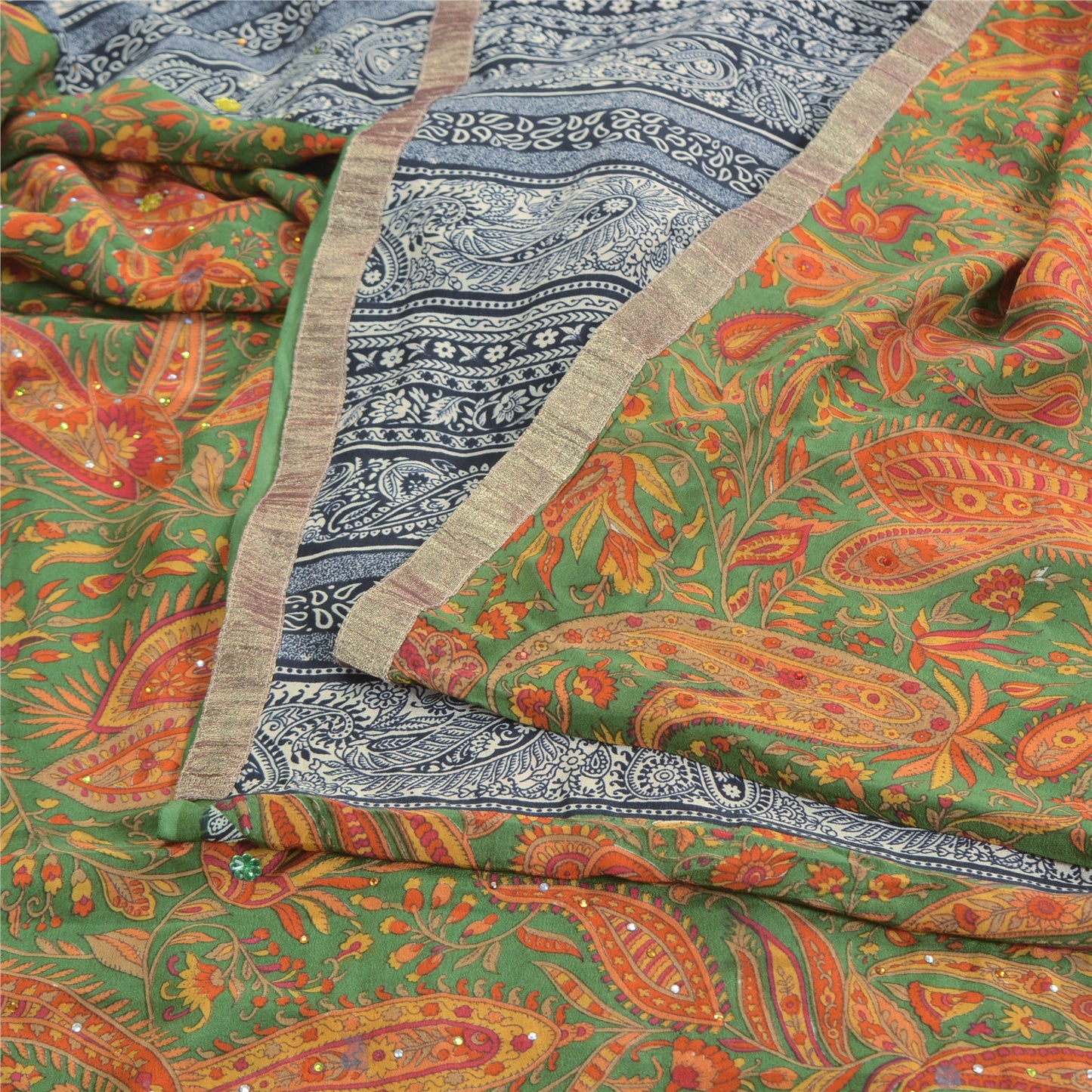 Sanskriti Vintage Sarees Multi Hand Beaded Printed Pure Crepe Sari Craft Fabric