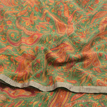 Sanskriti Vintage Sarees Multi Hand Beaded Printed Pure Crepe Sari Craft Fabric