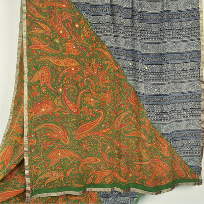 Sanskriti Vintage Sarees Multi Hand Beaded Printed Pure Crepe Sari Craft Fabric