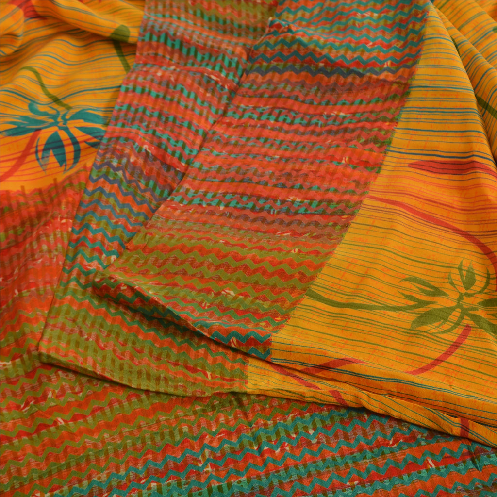 Sanskriti Vintage Sarees Indian Yellow Pure Crepe Silk Printed Sari Craft Fabric