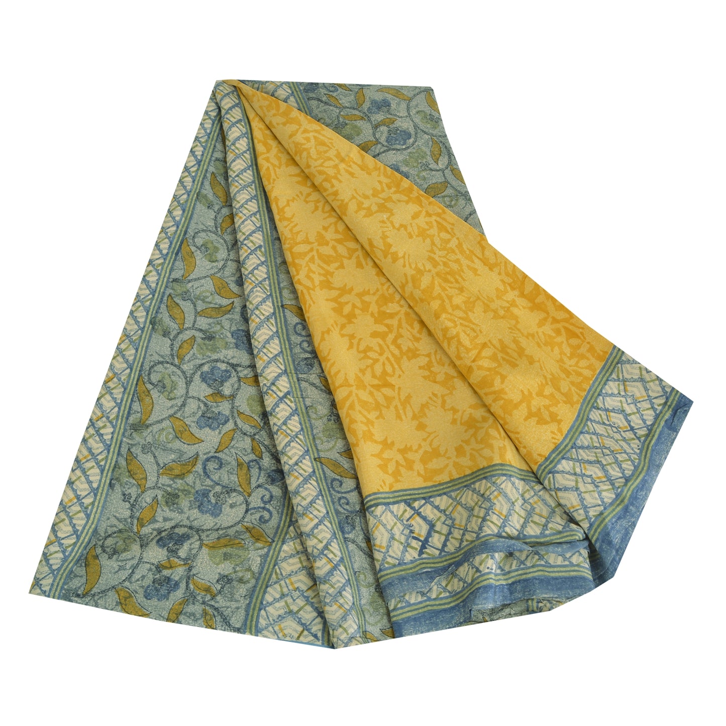 Sanskriti Vintage Sarees Yellow/Gray Pure Crepe Silk Printed Sari Craft Fabric