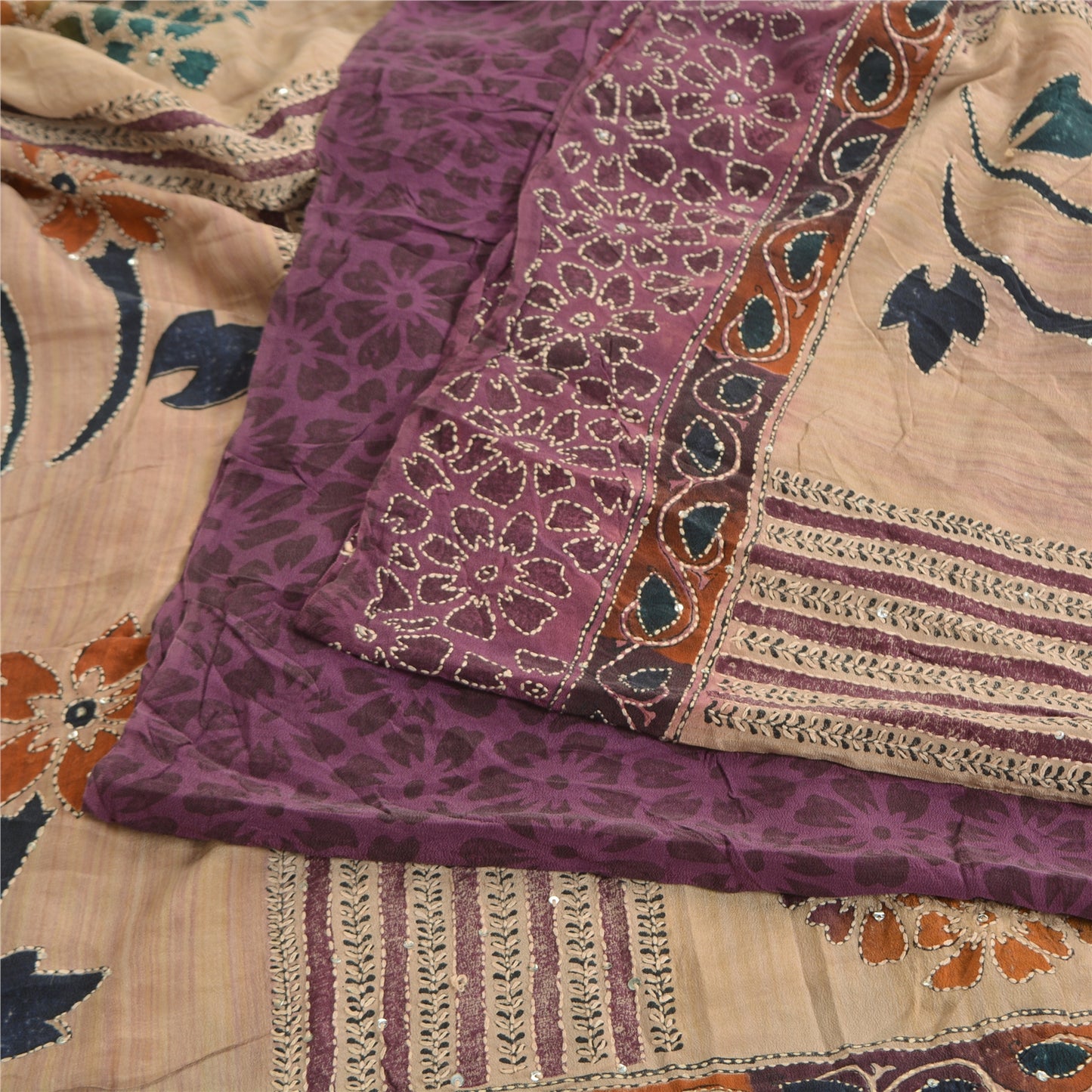 Sanskriti Vintage Sarees Purple/Cream Hand Bead Kantha Pure Crepe Sari Fabric