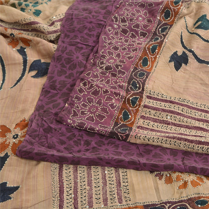 Sanskriti Vintage Sarees Purple/Cream Hand Bead Kantha Pure Crepe Sari Fabric