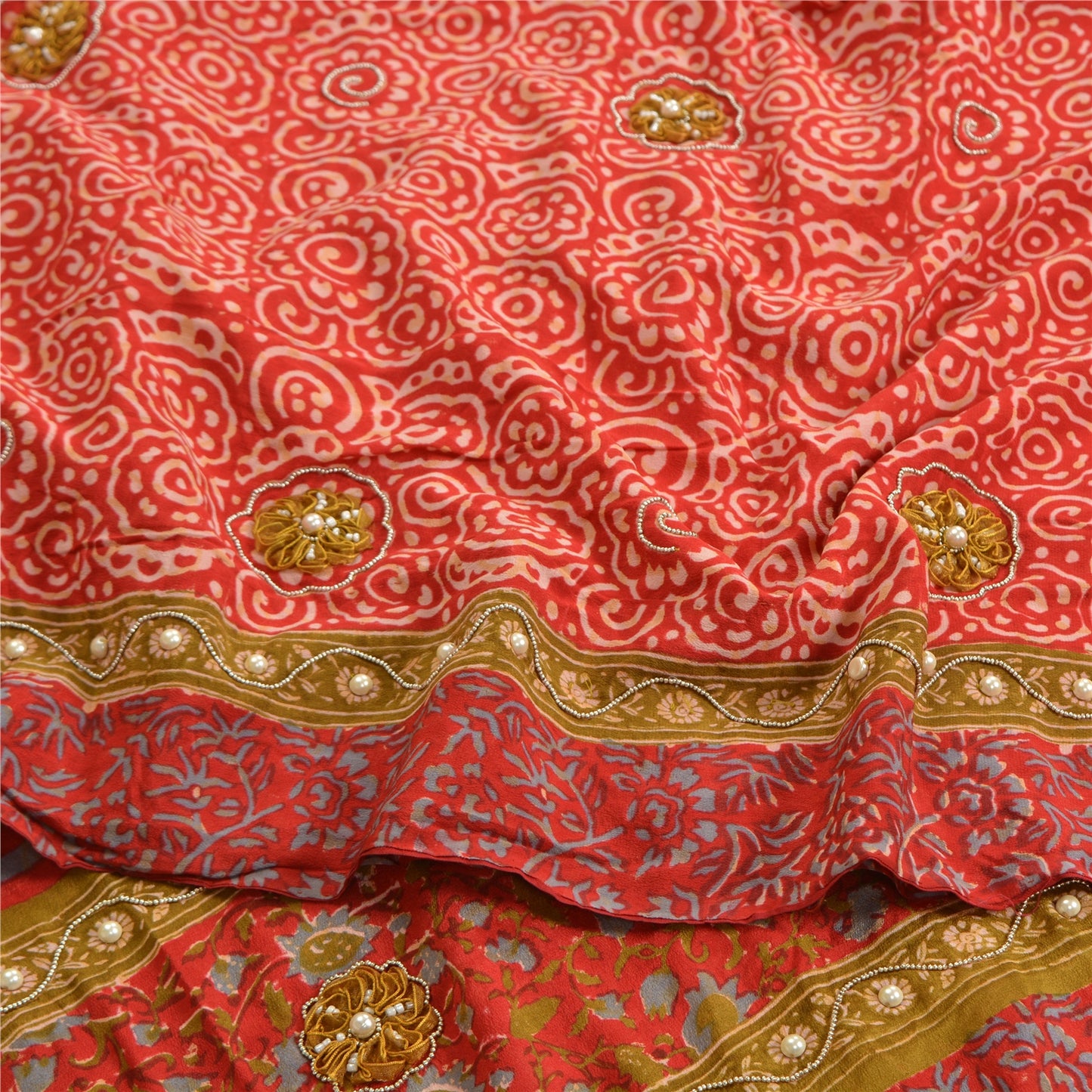 Sanskriti Vintage Sarees Red Hand Beaded Applique Print Pure Crepe Sari Fabric