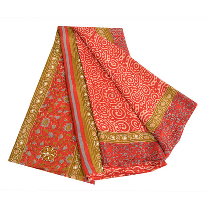 Sanskriti Vintage Sarees Red Hand Beaded Applique Print Pure Crepe Sari Fabric