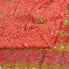 Sanskriti Vintage Sarees Red Hand Beaded Applique Print Pure Crepe Sari Fabric