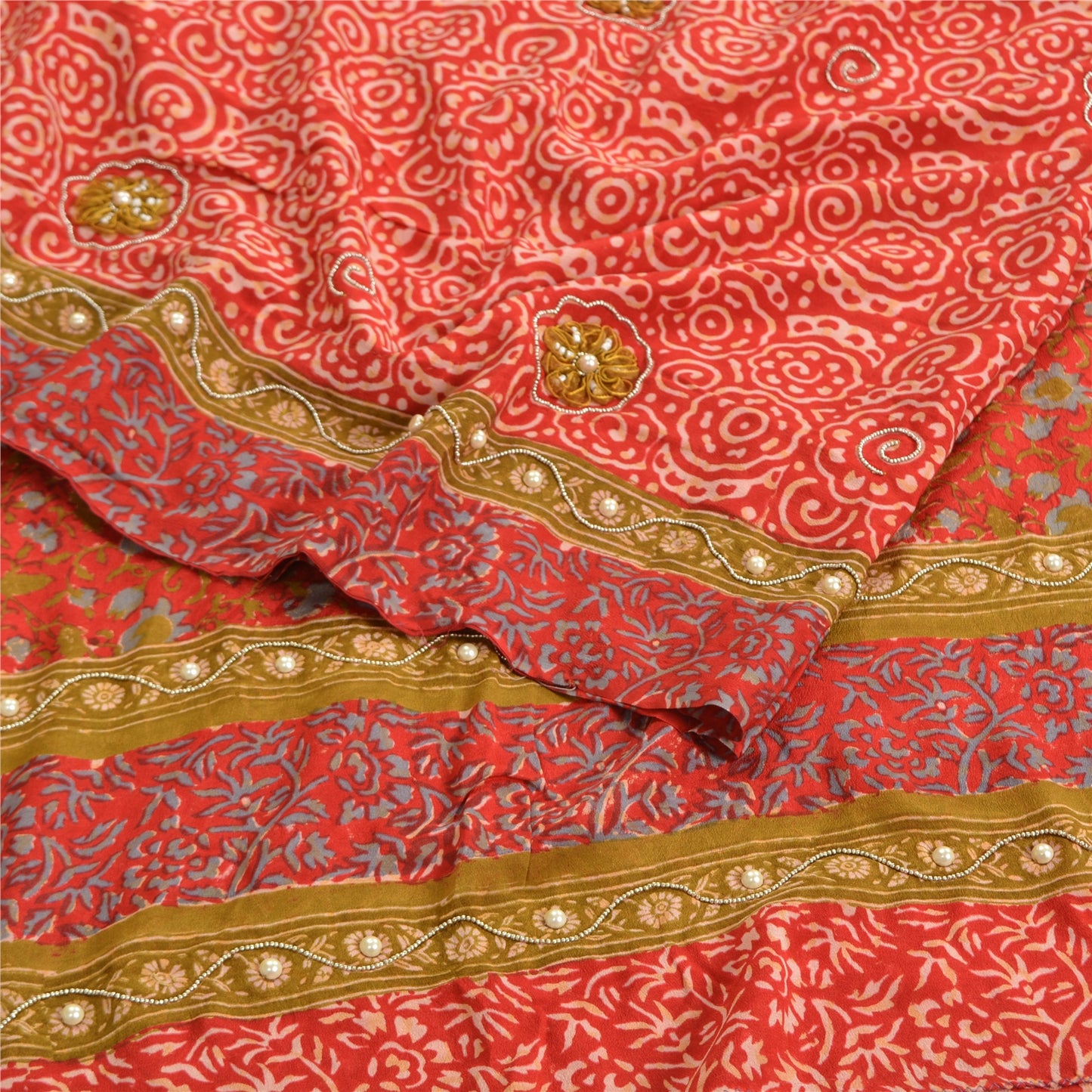 Sanskriti Vintage Sarees Red Hand Beaded Applique Print Pure Crepe Sari Fabric