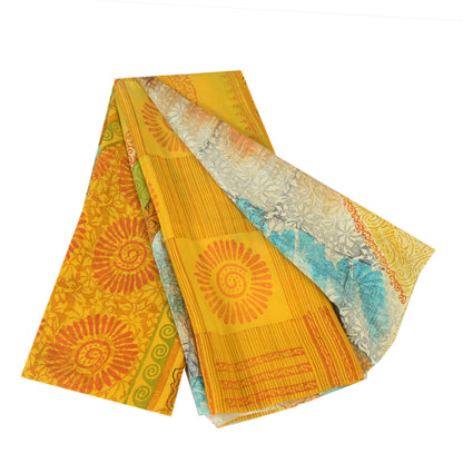 Sanskriti Vintage Sarees Yellow Pure Crepe Silk Printed Sari Floral Craft Fabric