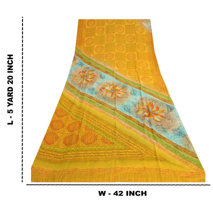 Sanskriti Vintage Sarees Yellow Pure Crepe Silk Printed Sari Floral Craft Fabric