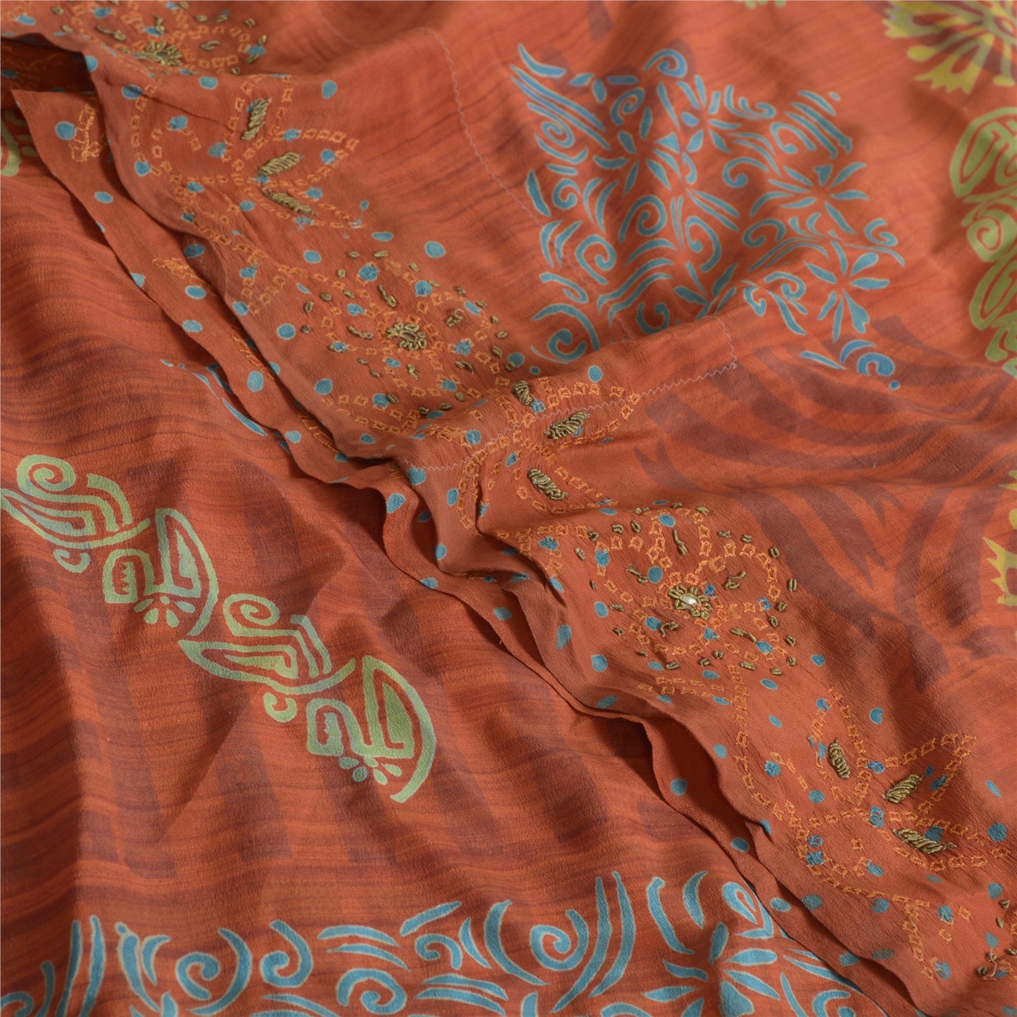 Sanskriti Vintage Sarees Orange 100% Pure Crepe Silk Printed Sari Craft Fabric