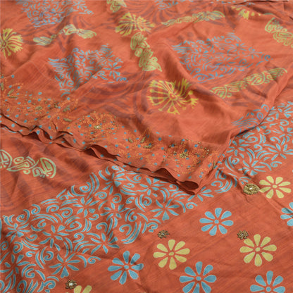 Sanskriti Vintage Sarees Orange 100% Pure Crepe Silk Printed Sari Craft Fabric